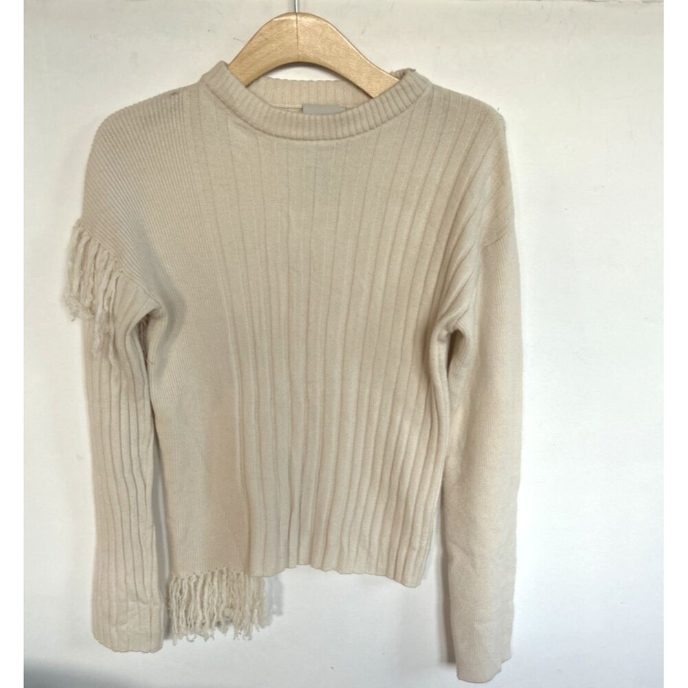 Xu Zhi x Fabrique Ivory Ribbed Knit Asymmetric Fringe Crewneck Wool Sweater Sz S